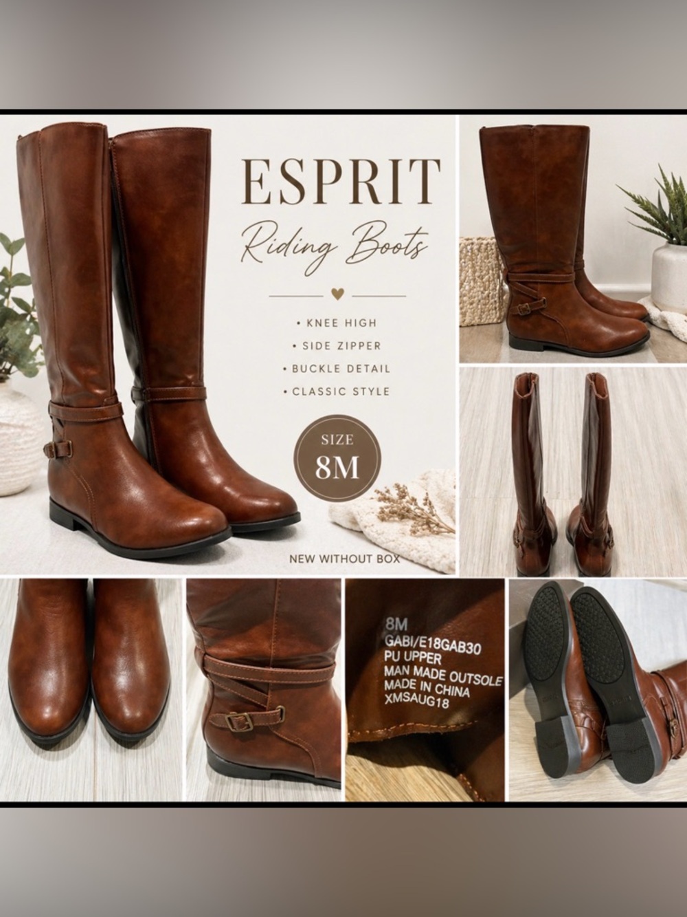 Esprit Brown Knee High Riding Boots Women’s Size 8M NWOB Buckle Zip